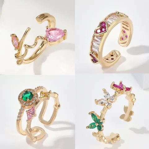 Fashion Luxury Copper Zirconia Open Adjustable Ring Delicate Heart Butterfly Rhinestone Finger Ring Jewelry For Women Party