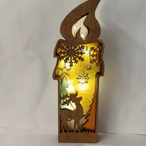 Ornement de Décoration de Bureau Bougie de Noël en Bois Sculpté Creux Décoration Festive de Maison de Vacances Avec Lumière LED