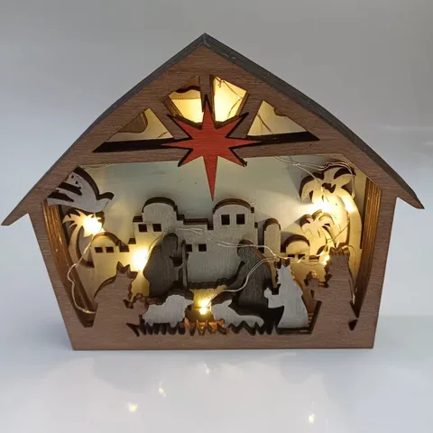 Décoration de Noël en Bois Scène de Nativité 3D Crèche de Jésus Ornement de Table Sculpté Creux Décor de Fête