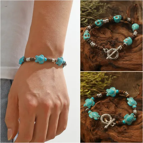 Vintage Handmade Wood Coconut Shell Beaded Bracelet Turquoise Turtle Skull Pendant Bracelet Bohemian Ethnic Unisex Wrist Jewelry Gift