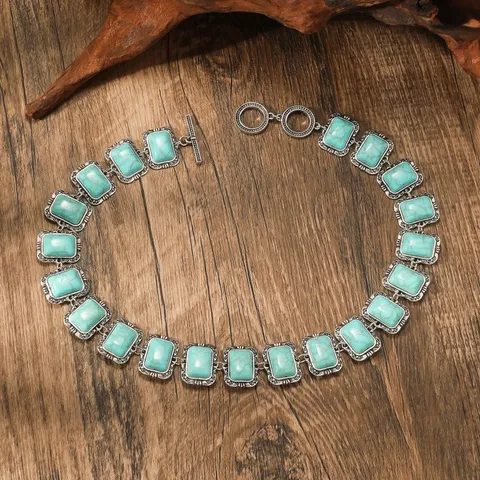 Vintage Bohemian Alloy Geometric Square Turquoise Red Stone Pendant Necklace Ethnic Style Choker Fashion Jewelry For Women