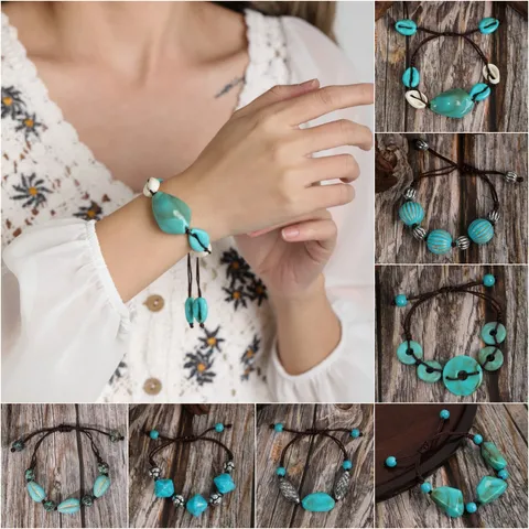 Vintage Ethnic Bohemian Acrylic Beaded Bracelet For Women Hand-Woven Geometric Faux Turquoise Cord Bracelet Adjustable Vacation Jewelry