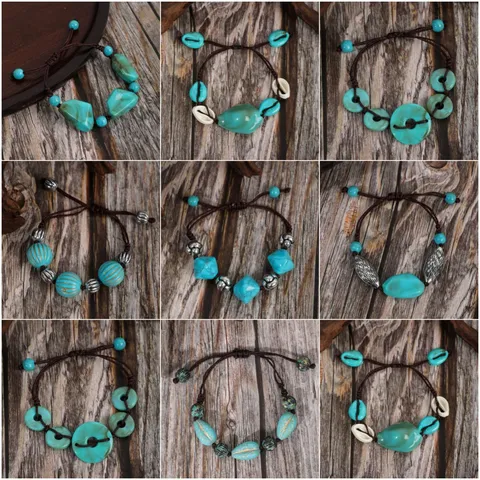 Vintage Ethnic Bohemian Acrylic Beaded Bracelet For Women Hand-Woven Geometric Faux Turquoise Cord Bracelet Adjustable Vacation Jewelry