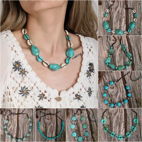 Bohemian Vintage Acrylic Faux Turquoise Geometric Beaded Necklace Hand-Woven Cord Ethnic Choker For Women Vacation Daily Jewelry Gift