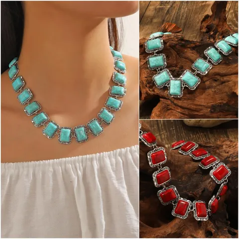 Vintage Bohemian Alloy Geometric Square Turquoise Red Stone Pendant Necklace Ethnic Style Choker Fashion Jewelry For Women