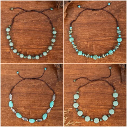 Bohemian Vintage Acrylic Faux Turquoise Geometric Beaded Necklace Hand-Woven Cord Ethnic Choker For Women Vacation Daily Jewelry Gift