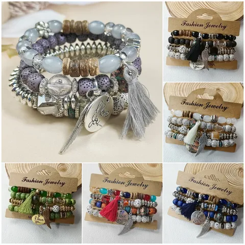 Bohemian Vintage Multilayer Beaded Elastic Stretch Bracelet Set Wooden Glass Beads Tassel Pendant Bangles For Women Jewelry Gift