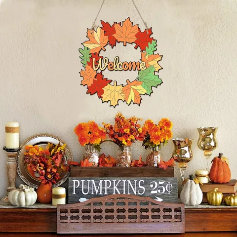 Cartello per Porta di Benvenuto in Legno Raccolta Autunnale Foglia d'Acero Ciondolo Sospeso Rustico Decorazione Parete Casa Festa