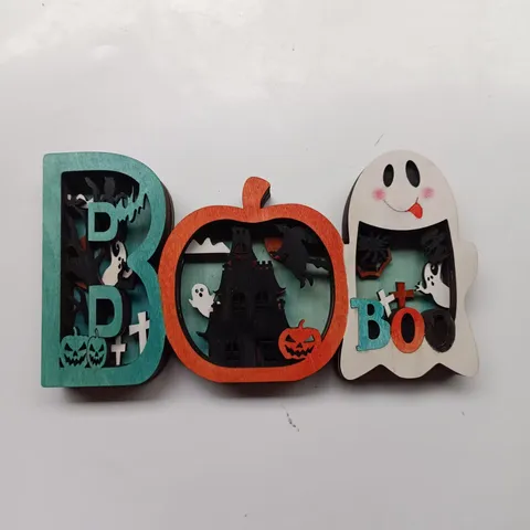 Halloween Bois 3D BOO Lettre Ornement Décoratif Ajouré Sculpté Décoration de Bureau Fête Fournitures