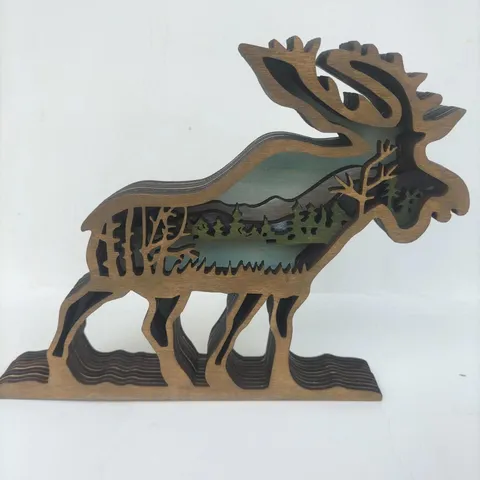 Ornement de Bureau Sculpté Multicouche en Élans de Noël en Bois Décoration de Vacances Forêt Cerf Artisanat en Bois Fait Main