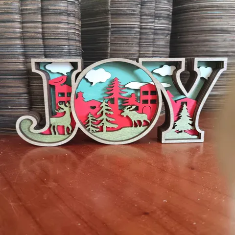 Décoration de Noël en Bois Lettre 3D en Bois JOY Ornement de Vacances Lumineux Multicouche Creux Bureau Décoration de Maison