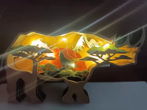 Ornement De Bureau En Bois 3D Animaux De Forêt Rhinoféros Décoration De Vacances De Noël Avec Lumières LED Artisanat En Buis
