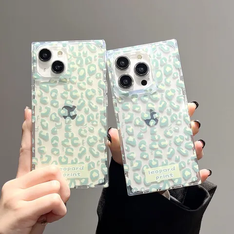 American Style Square Glossy Clear Green Leopard Phone Case Letter Print Full Coverage Shockproof Silicone Cover For iPhone Series