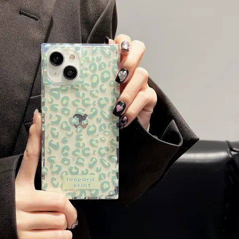 American Style Square Glossy Clear Green Leopard Phone Case Letter Print Full Coverage Shockproof Silicone Cover For iPhone Series