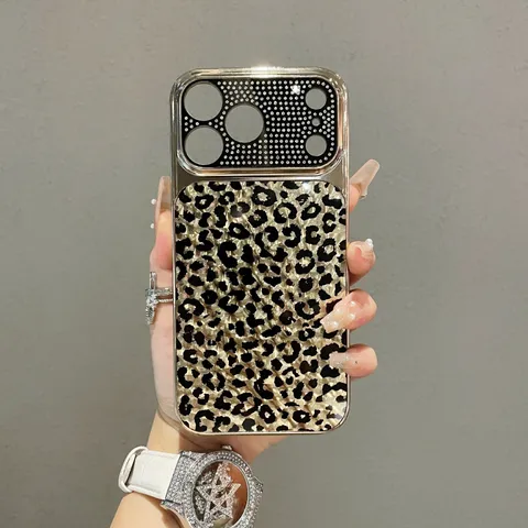 Luxury Leopard Print Rhinestone Phone Case Electroplated Shockproof Protective Silicone Cover for Apple iPhone Series Women Style