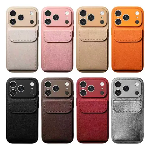 Luxury PU Leather Magnetic Card Holder Kickstand Phone Case Shockproof Solid Color Lychee Texture Protective Cover For iPhone