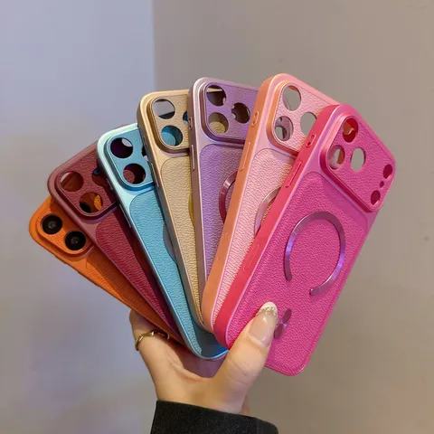 Magnetic Leather Texture Phone Case For iPhone 16 15 14 Anti-Drop Protection Big Window Design Case