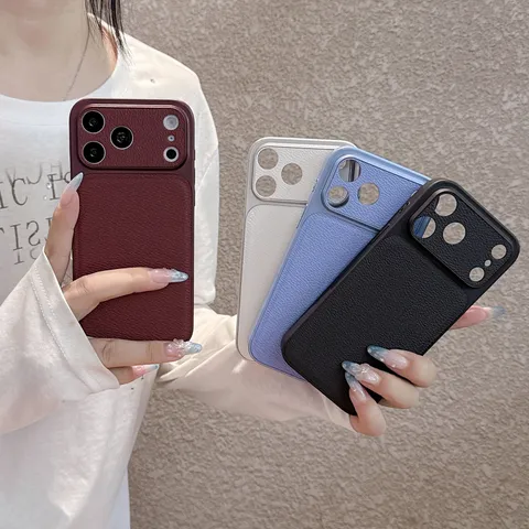 Minimalist Anti Slip Shockproof Phone Case Leather Texture Acrylic Hard Back Soft Edge Protective Cover For Apple iPhone
