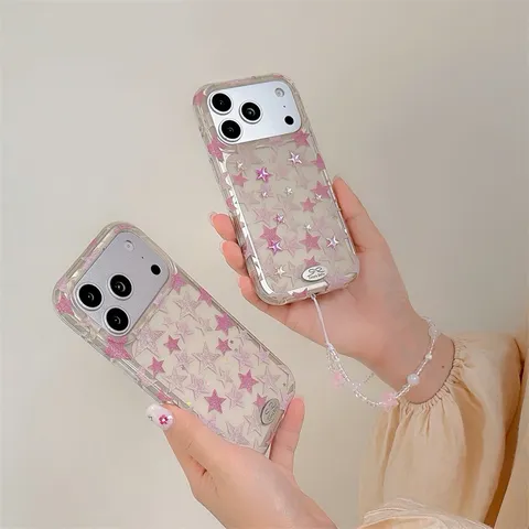 Custodia per Telefono in Acrilico con Stella Rosa Glitterata Coreana per iPhone Cover Protettiva Anticaduta IMD a Doppio Strato con Catena