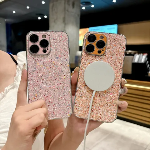 Coque de Téléphone Magnétique Paillettes Électroplaquée de Luxe pour iPhone Galaxy Couleur Unie Anti Chute TPU PC