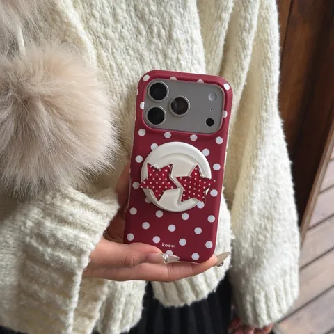Cute Matte Polka Dot Star Phone Case Compatible With iPhone Premium TPU Shockproof Back Cover With Magnetic Dual Star Stand For Apple