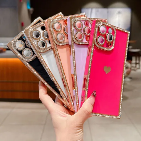 Kreative Galvanisiert Glitzer Handyhülle Mit Herz Strass Linsenfilm Stoßfest Schutzhülle Silikon Cover Für iPhone