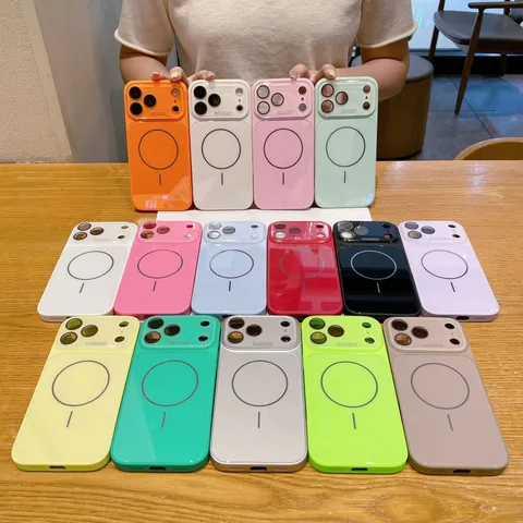 Funda de Teléfono de Vidrio Líquido Magnético para iPhone 16 15 14 13 12 Pro Max Protección de Lente de Cámara de Ventana Grande Galvanizada Cubierta Rígida de Color Sólido