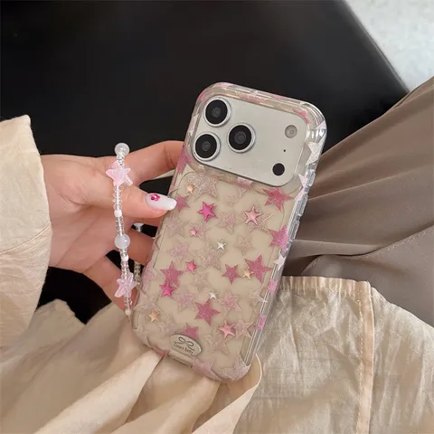 Custodia per Telefono in Acrilico con Stella Rosa Glitterata Coreana per iPhone Cover Protettiva Anticaduta IMD a Doppio Strato con Catena