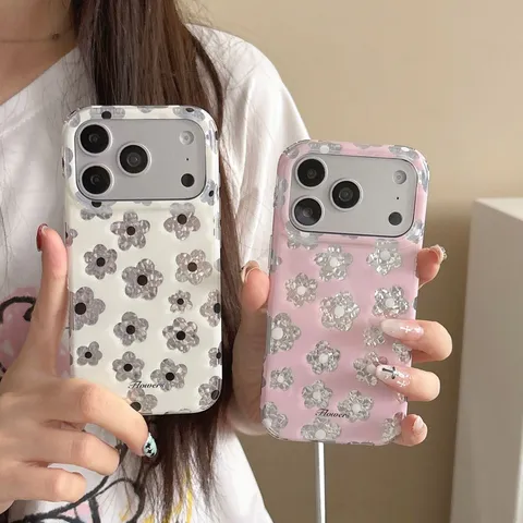 Korean Style IMD Floral Glitter Phone Case Full Print Sweet Flowers Shockproof Back Cover Cap For iPhone Protective Cover Jewelry Women
