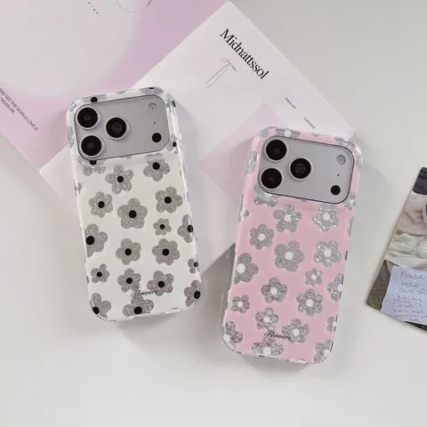 Korean Style IMD Floral Glitter Phone Case Full Print Sweet Flowers Shockproof Back Cover Cap For iPhone Protective Cover Jewelry Women