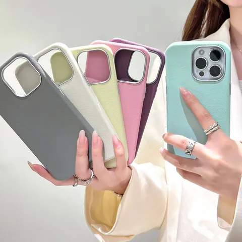 Korean Minimalist Solid Color Faux Leather Texture Silicone Phone Case Electroplated Lens Frame Protective Soft Cover For iPhone