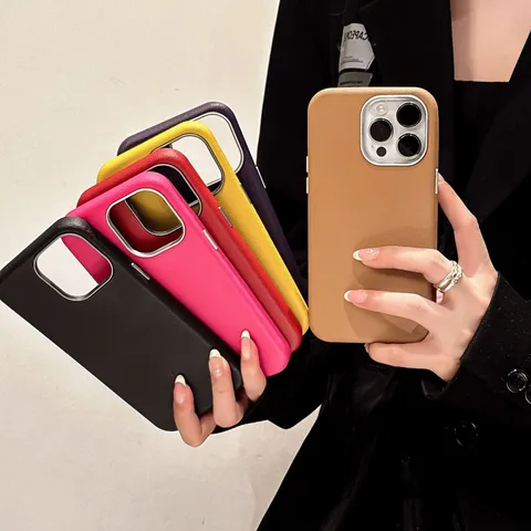 Nep Lederen Structuur Telefoonhoesje Verguld Lensframe Matte Zachte Cover Schokbestendige Beschermhoes Voor iPhone Modellen