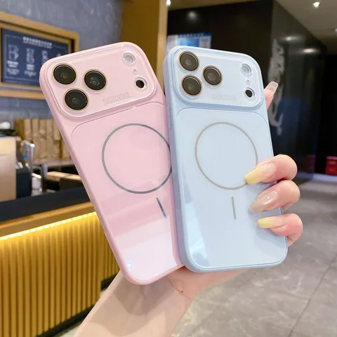 Funda de Teléfono de Vidrio Líquido Magnético para iPhone 16 15 14 13 12 Pro Max Protección de Lente de Cámara de Ventana Grande Galvanizada Cubierta Rígida de Color Sólido
