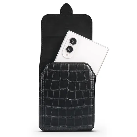 Business Men Crocodile Texture PU Leather Mobile Phone Waist Bag Vertical Flip Folding Screen Smartphone Holster Belt Pouch Black