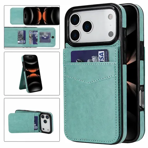 Faux Leather Flip Wallet Phone Case With Card Slots Kickstand Shockproof Protective Cover Compatible For iPhone Series