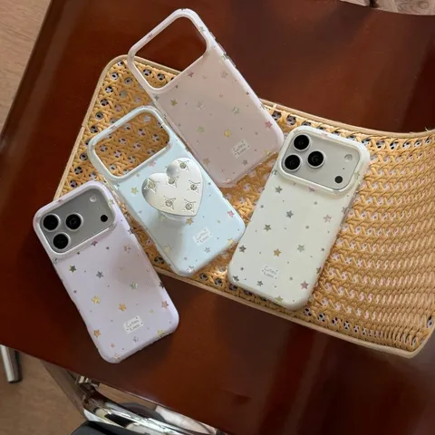 Korean Style Premium TPU Color Star Phone Case With Rhinestone Metal Heart Stand Anti Fall Back Cover For iPhone 16 15 Pro Max