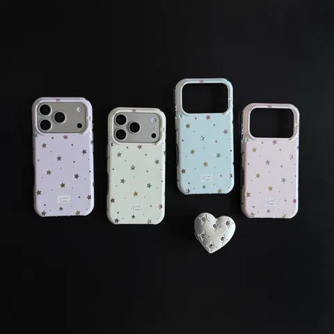 Korean Style Premium TPU Color Star Phone Case With Rhinestone Metal Heart Stand Anti Fall Back Cover For iPhone 16 15 Pro Max