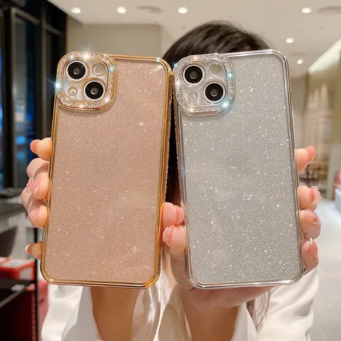 Funda de Teléfono de Lujo con Brillantina y Strass Borde Recto Galvanizado Cubierta Protectora Transparente Antichoque Compatible Con iPhone