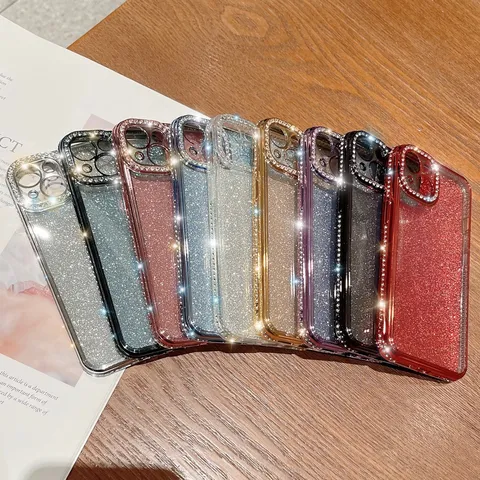 Funda de Teléfono de Lujo con Brillantina y Strass Borde Recto Galvanizado Cubierta Protectora Transparente Antichoque Compatible Con iPhone