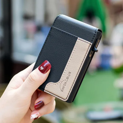 Minimalist Faux Leather Metal Magnetic Flip Card Holder Wallet With Phone Stand Function Contrast Color Anti Theft Multi Slot Vertical Card Case For Men