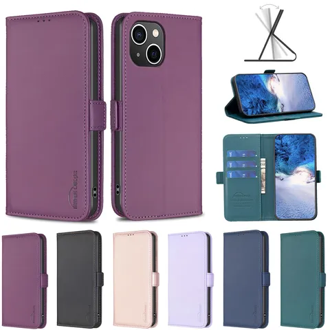 Effen Kleur Kunstleder Portemonnee Telefoonhoesje Met Kaartgleven Standaard Flip Cover Voor iPhone