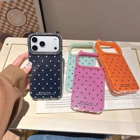 Funda de Silicona con Purpurina y Lunares Estilo Coreano Con Protector de Lente de Cámara de Orejas de Gato de Strass Para iPhone