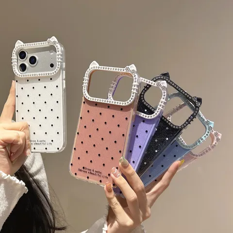 Funda de Silicona con Purpurina y Lunares Estilo Coreano Con Protector de Lente de Cámara de Orejas de Gato de Strass Para iPhone