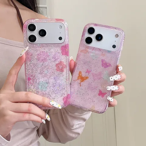 Luxe Roze Glitters Snippers Vlinder Bloemen Telefoonhoesje Voor iPhone Volledige Bescherming Zacht IMD Schokbestendig Back Cover