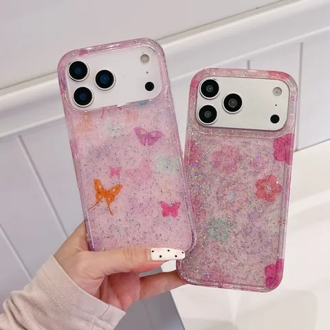 Luxe Roze Glitters Snippers Vlinder Bloemen Telefoonhoesje Voor iPhone Volledige Bescherming Zacht IMD Schokbestendig Back Cover