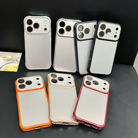 AG Frosted Matte Phone Case For iPhone Metal Contrast Frame Full Coverage Shockproof Large Window Camera Lens Protective Cover