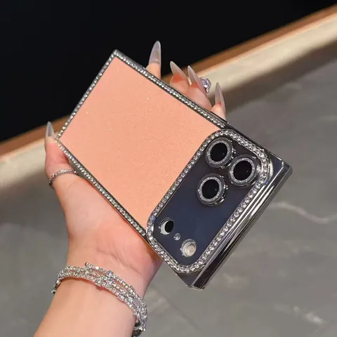 Luxury Electroplated Square Edge Glitter Rhinestone Phone Case Epoxy Leather Back Cover For iPhone Series Protector Shell