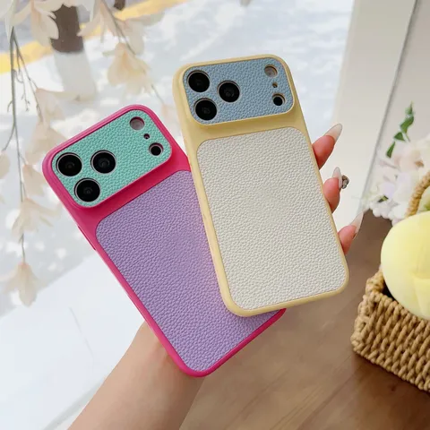 Coque de Téléphone en Cuir PU Blocs de Couleur Dopamine Texture Litchi Anti Chute Antichoc Housse Protection Compatible iPhone