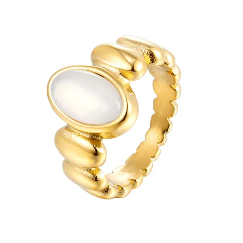 Bague Vintage en Acier Titane Ovale Nacre Blanche Oeil de Tigre Pour Femme Plqué Or Vague Géométrique Anneau Minimaliste