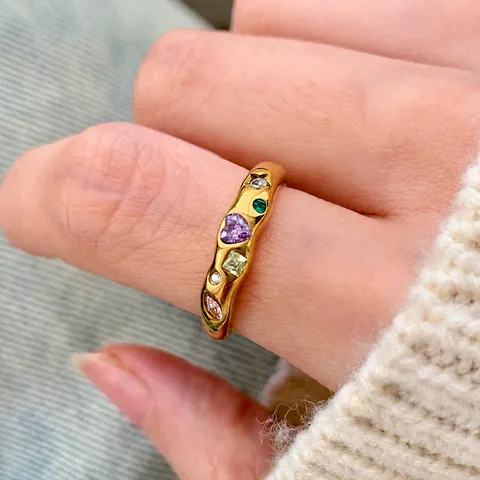 Bague en Acier Titane avec Zirconia Coloré pour Femme Style Dopamine Large Bande Niche Géométrique Étoile Cœur Bague Bijoux